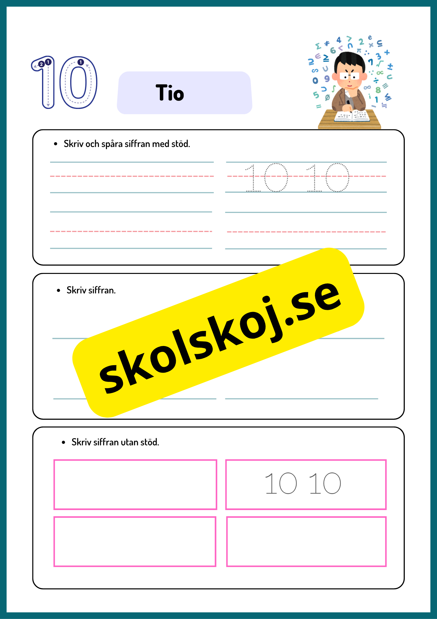 Skriv och spåra siffror med och utan stöd - 0 - 10
