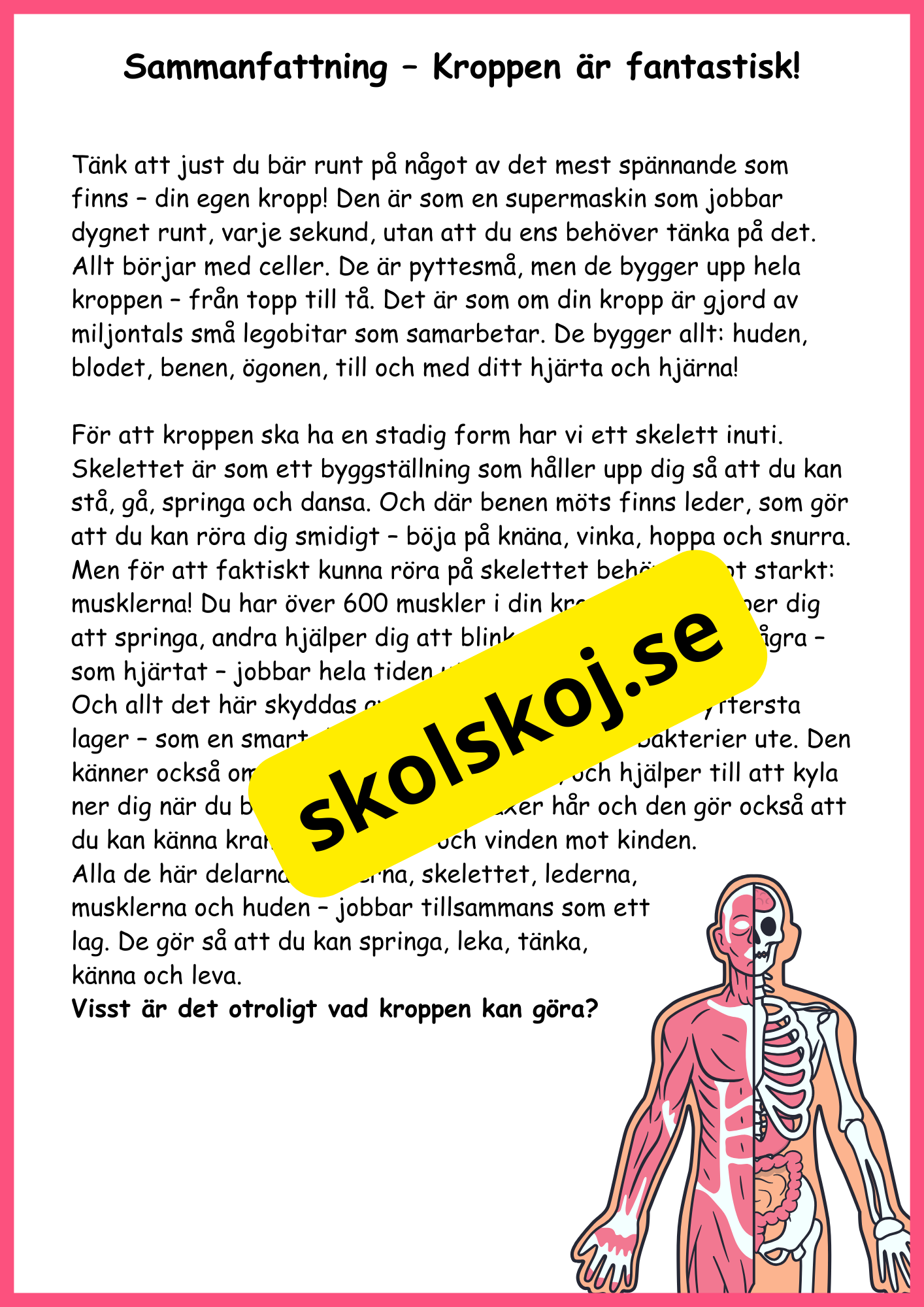 Utforska kroppen från topp till tå - Fakta + frågor - Årskurs 4 - 6