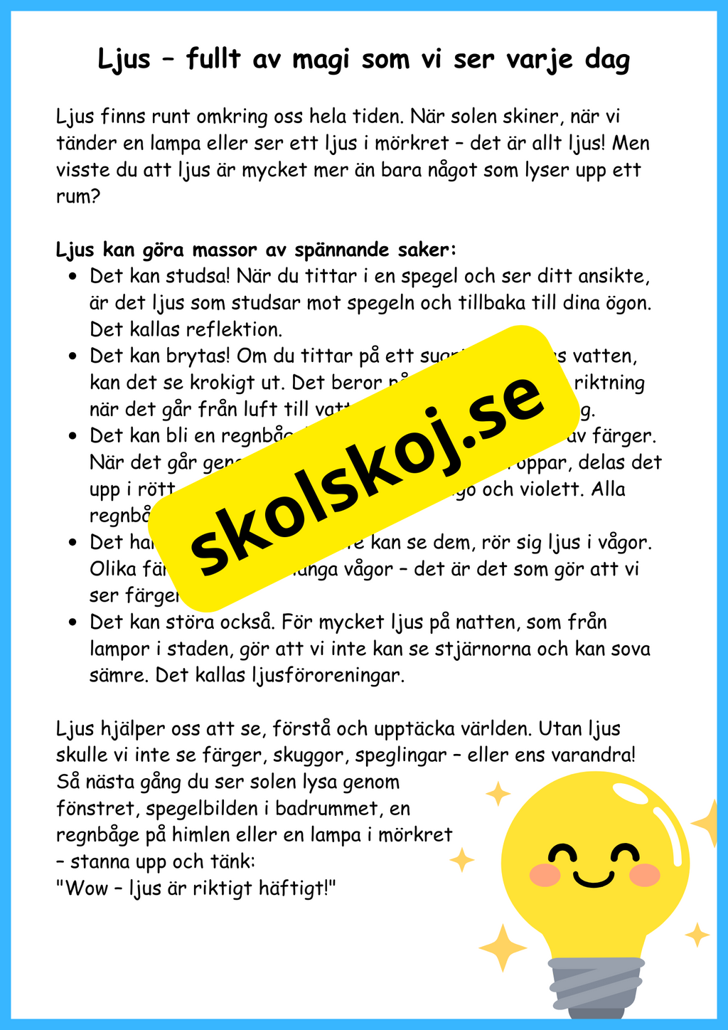 Ljusets hemligheter - Faktatext + frågor och experiment - Årskurs 4 - 6
