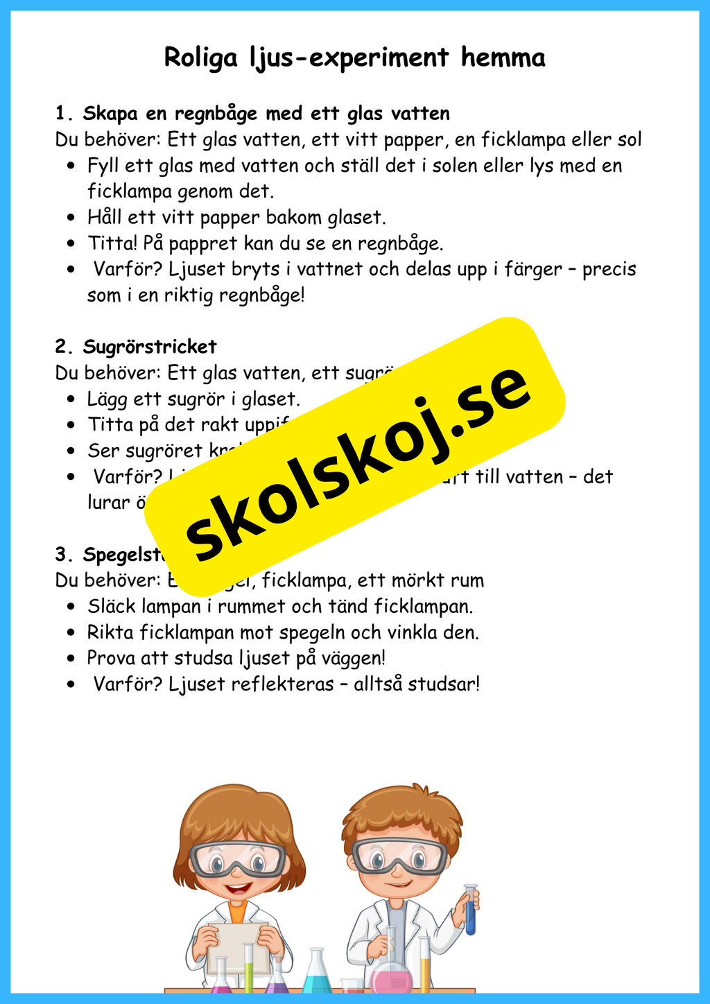 Ljusets hemligheter - Faktatext + frågor och experiment - Årskurs 4 - 6