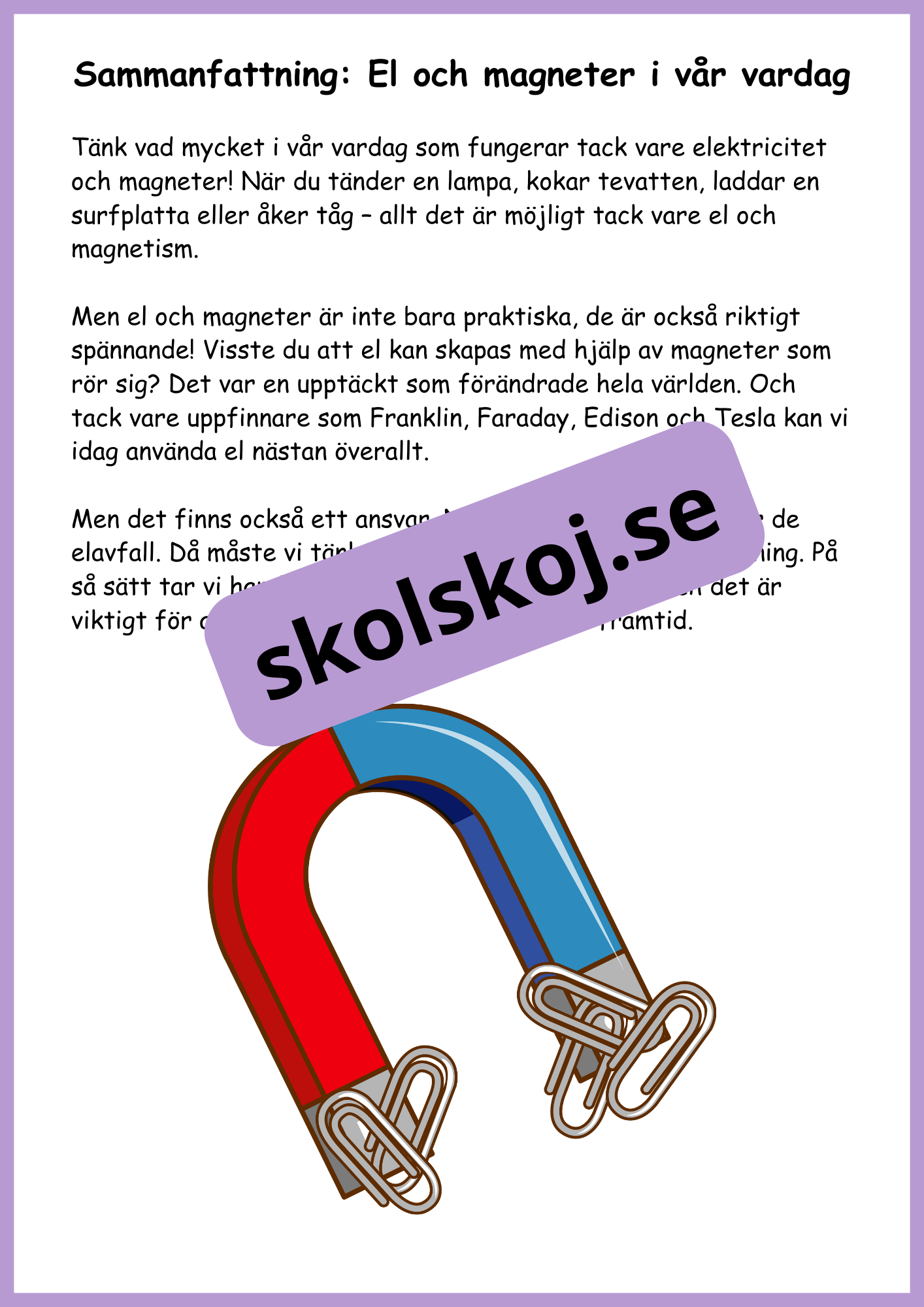 Krafter i el och magneter + frågor - Åk 4 - 6