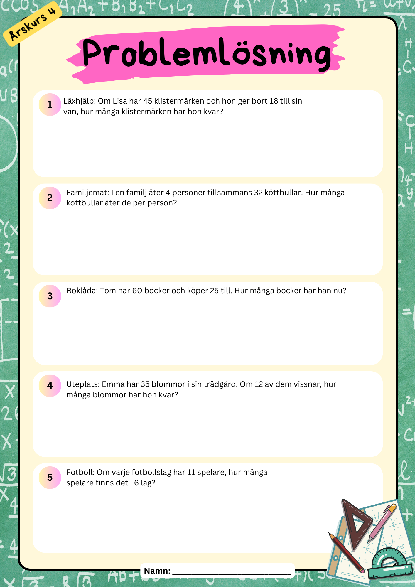 Problemlösninguppgifter blandade uppgifter årskurs 4