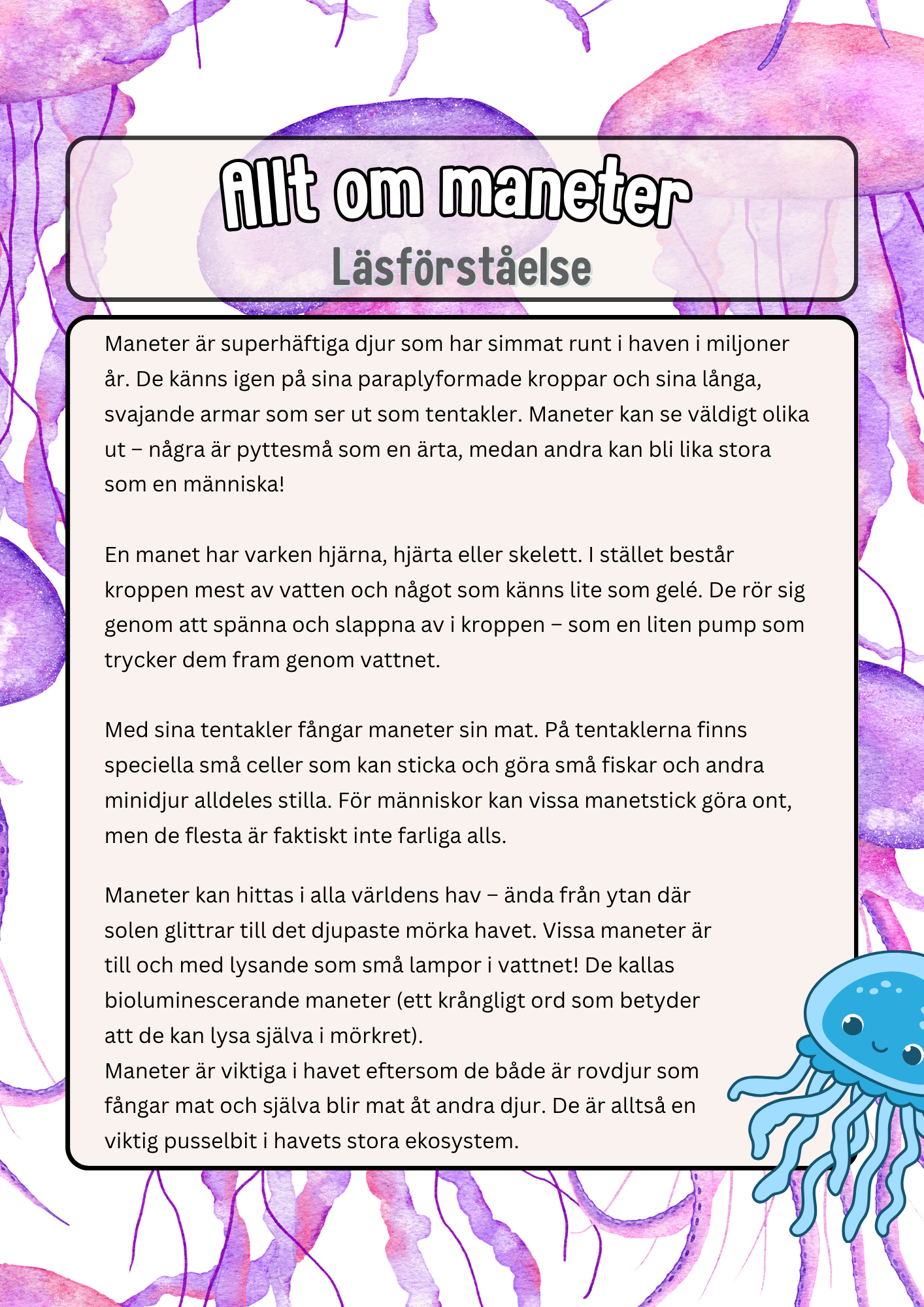 Allt om maneter - Läsförståelse - Årskurs 3