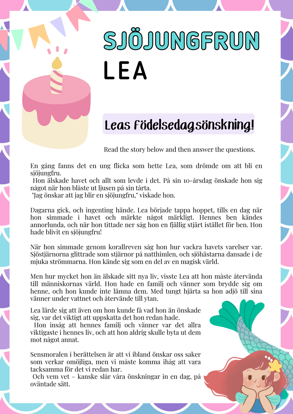 Sjöjungfrun Lea - Läsförståelse och mycket mer - Årskurs 4 - 6