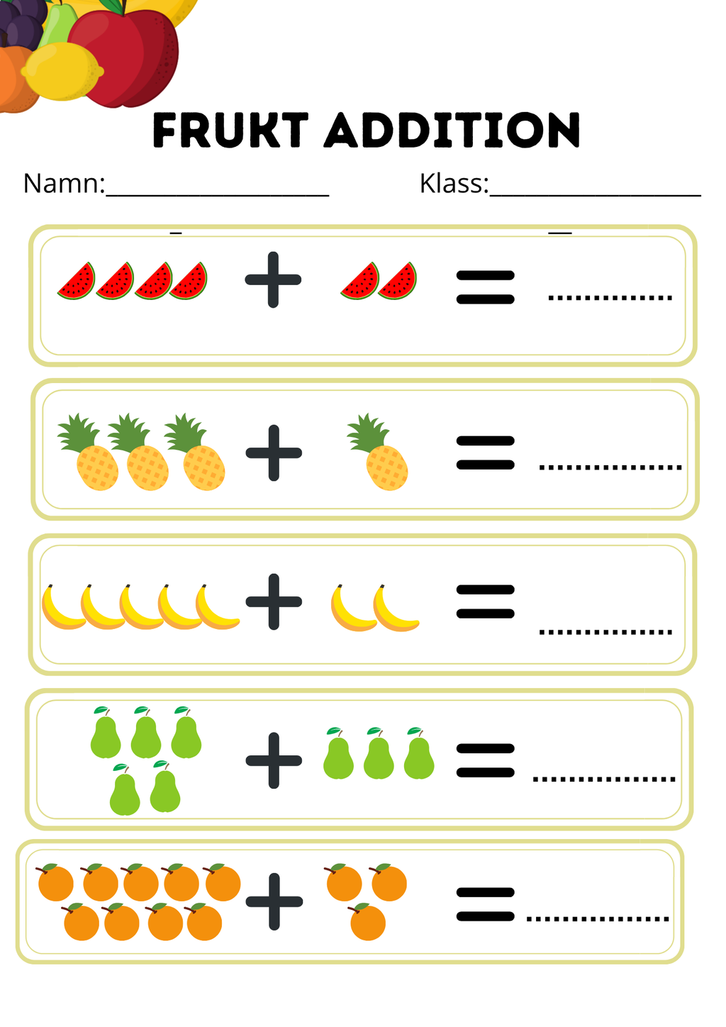 Frukt addition och subtraktion