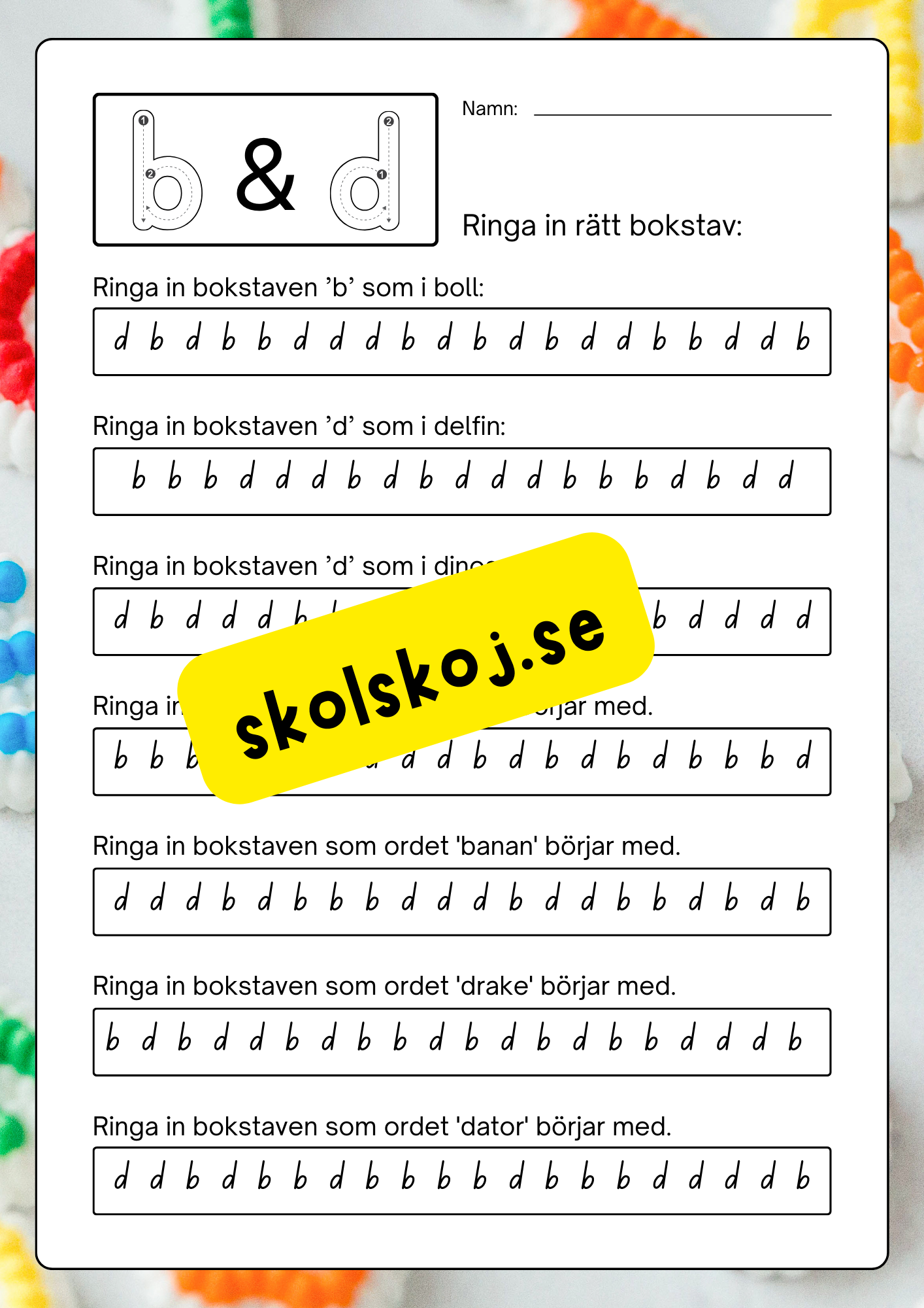 Vi tränar bokstäverna: bdpqftnmij