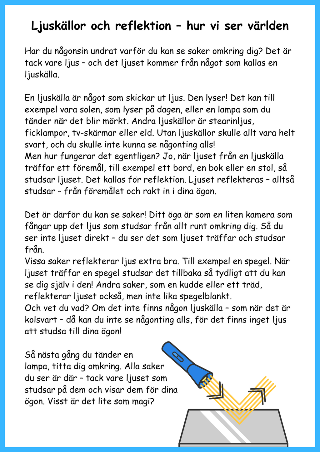 Ljusets hemligheter - Faktatext + frågor och experiment - Årskurs 4 - 6