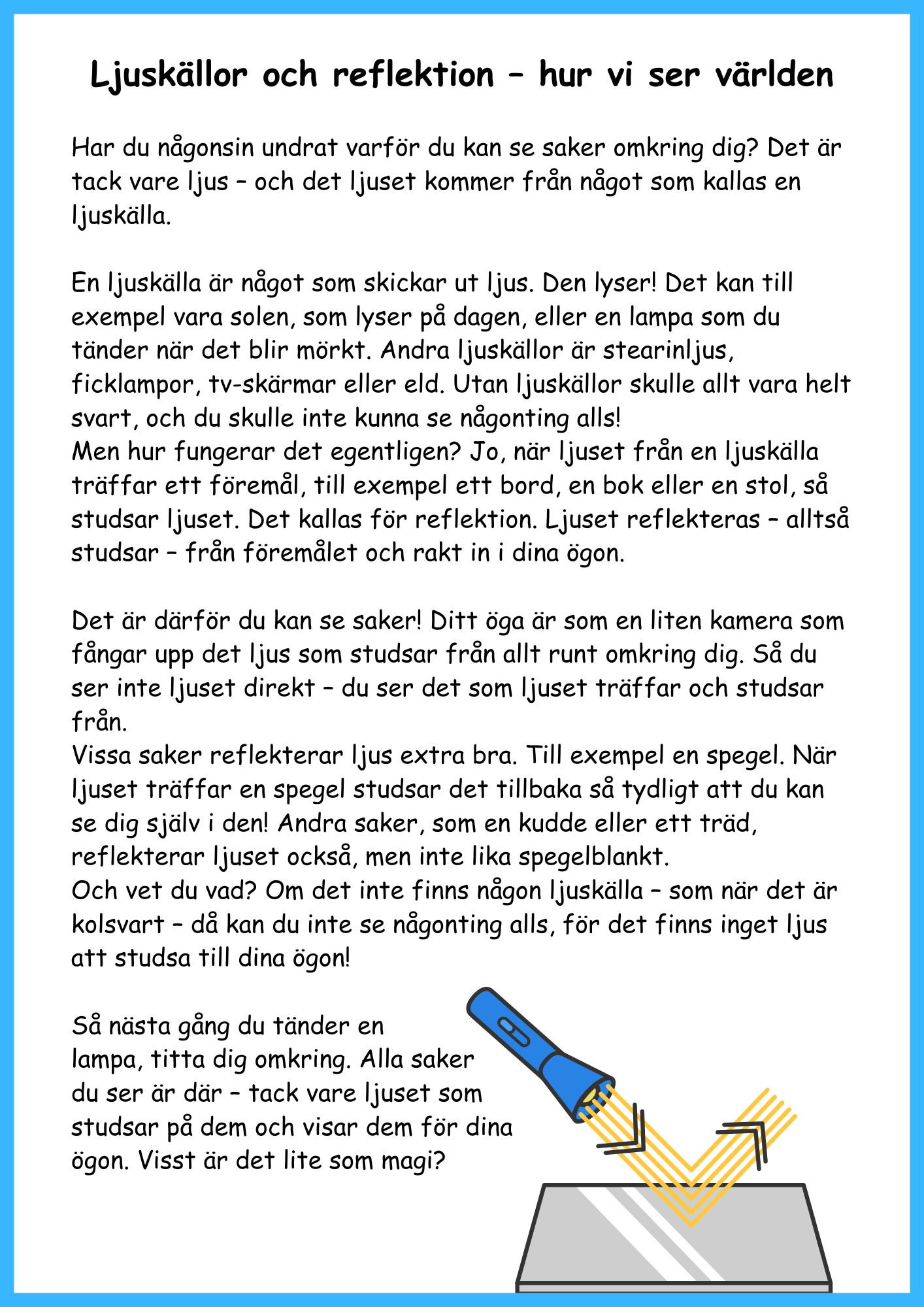 Ljusets hemligheter - Faktatext + frågor och experiment - Årskurs 4 - 6