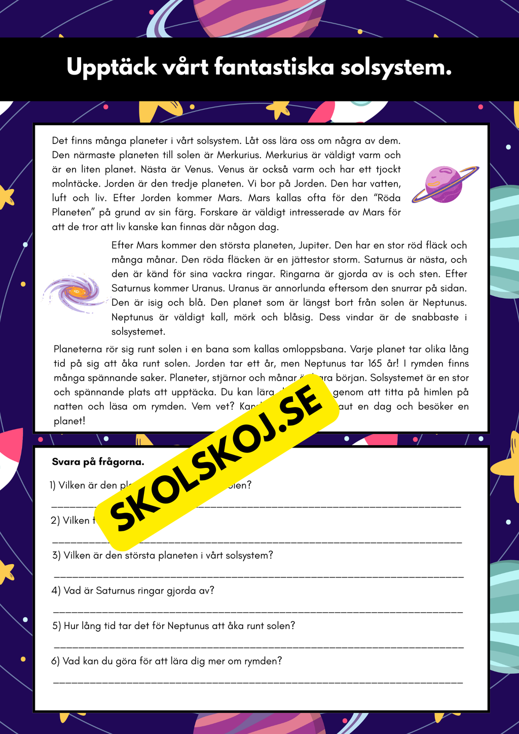 Läsuppgift med olika texter och teman - Årskurs 3 - 4