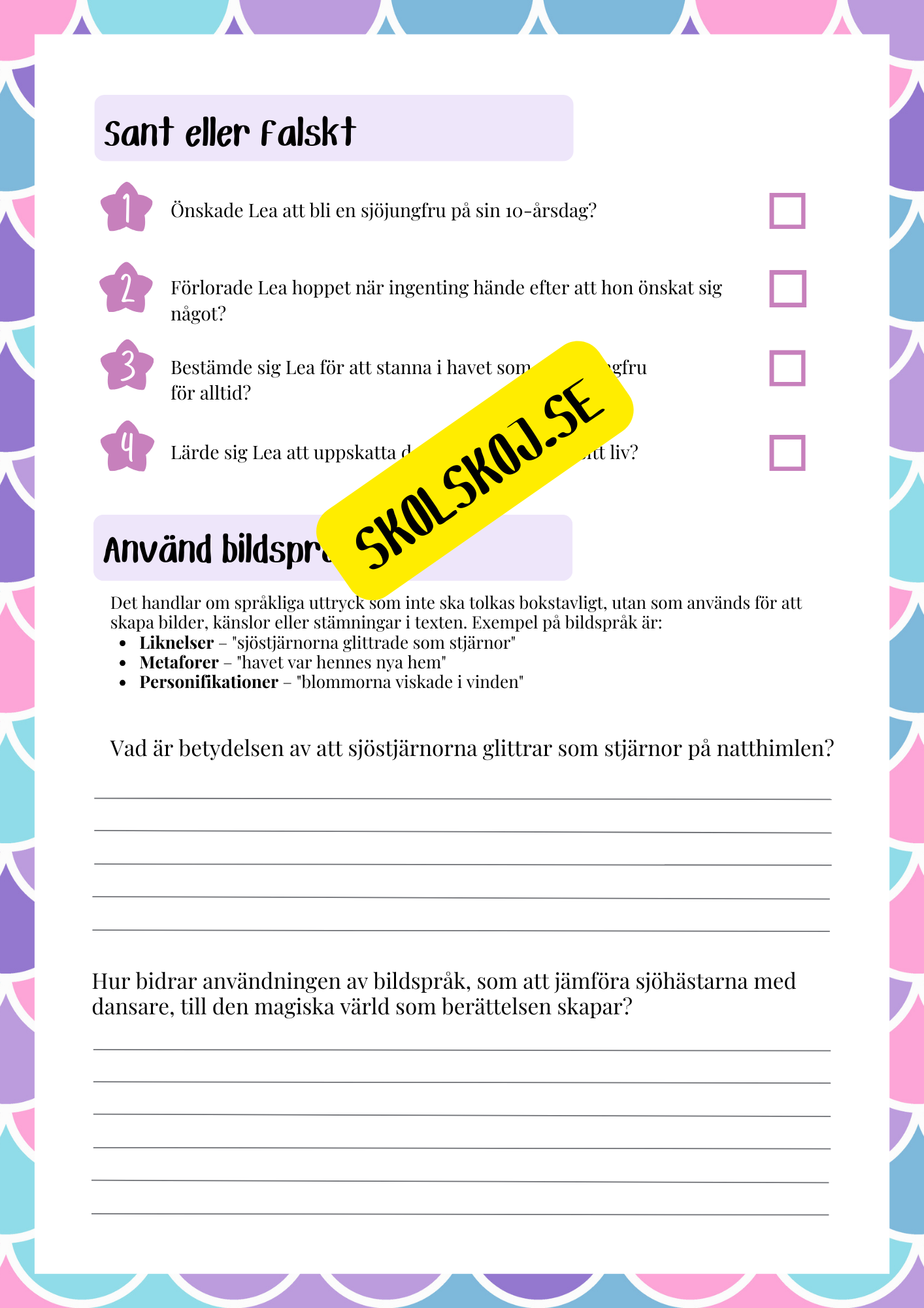 Sjöjungfrun Lea - Läsförståelse och mycket mer - Årskurs 4 - 6