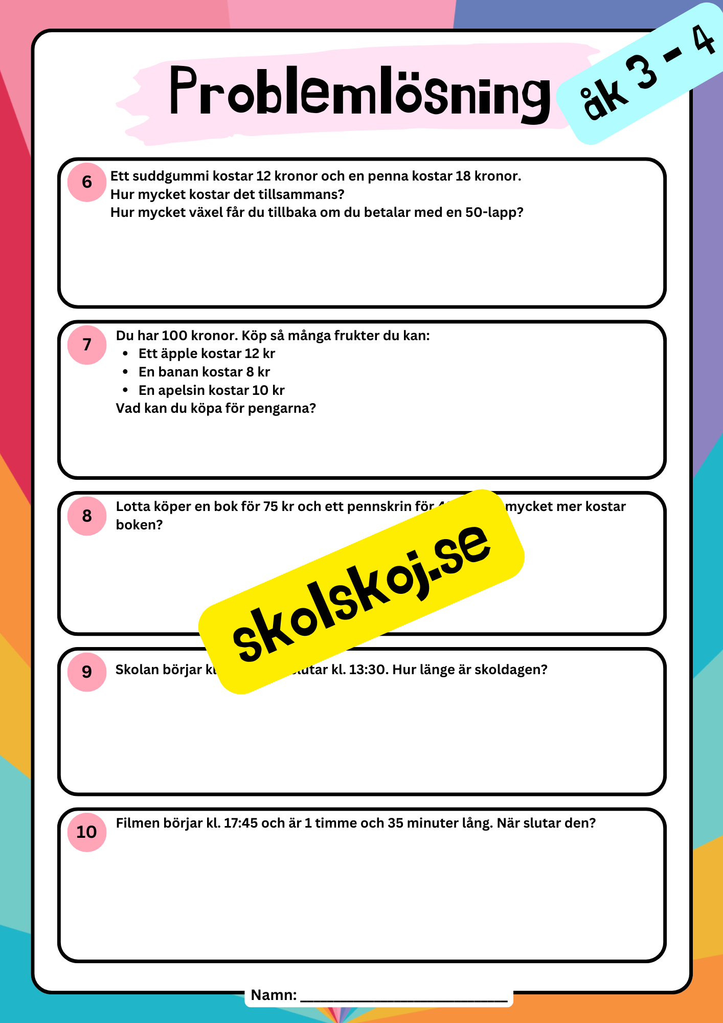 Årskurs 3 - Problemlösningsuppgifter - Blandade uppgifter