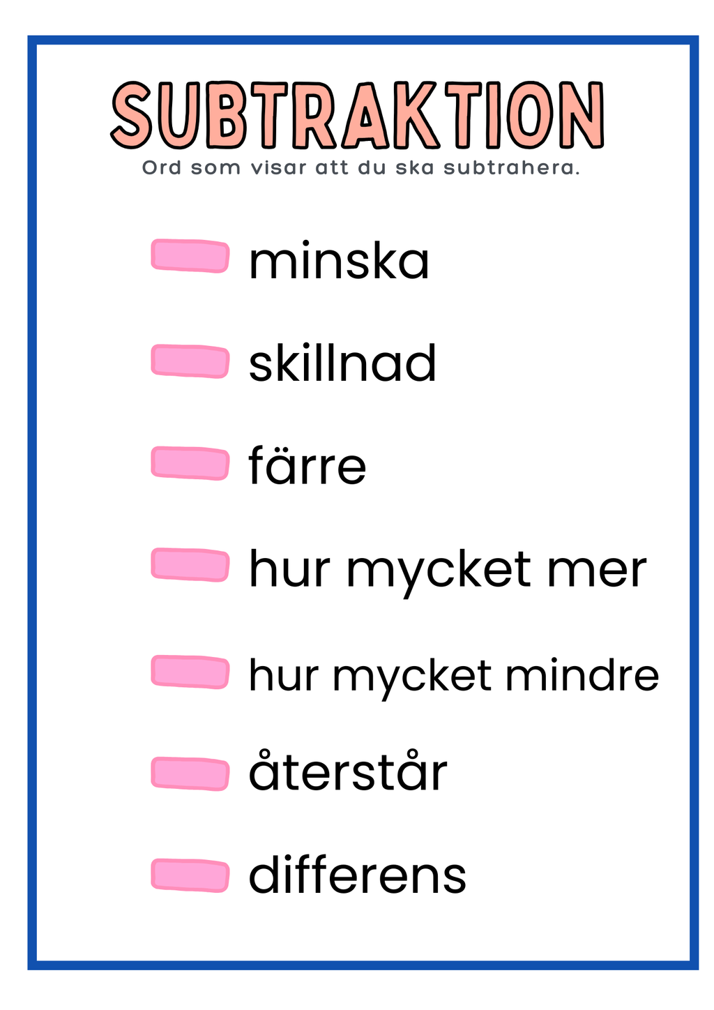 Enkel subtraktion - Förskoleklass - Årskurs 1
