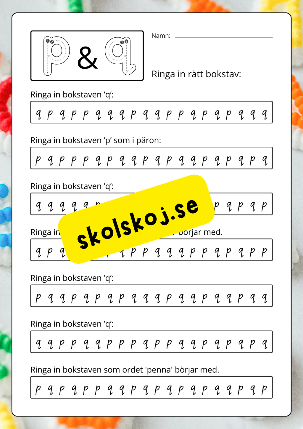 Vi tränar bokstäverna: bdpqftnmij