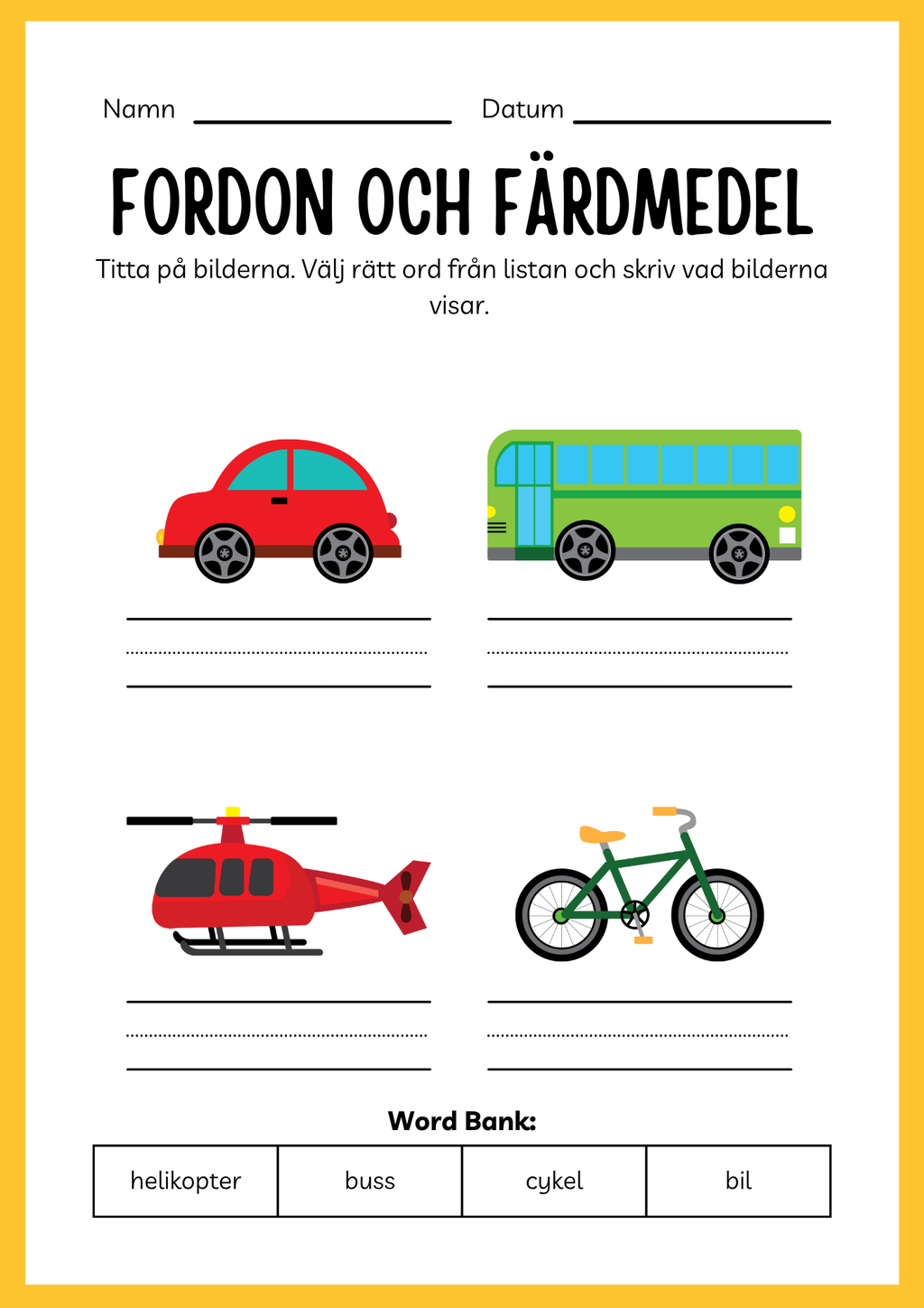 Fordon och färdmedel - Arbetsbok - Blandade uppgifter (24 sidor)