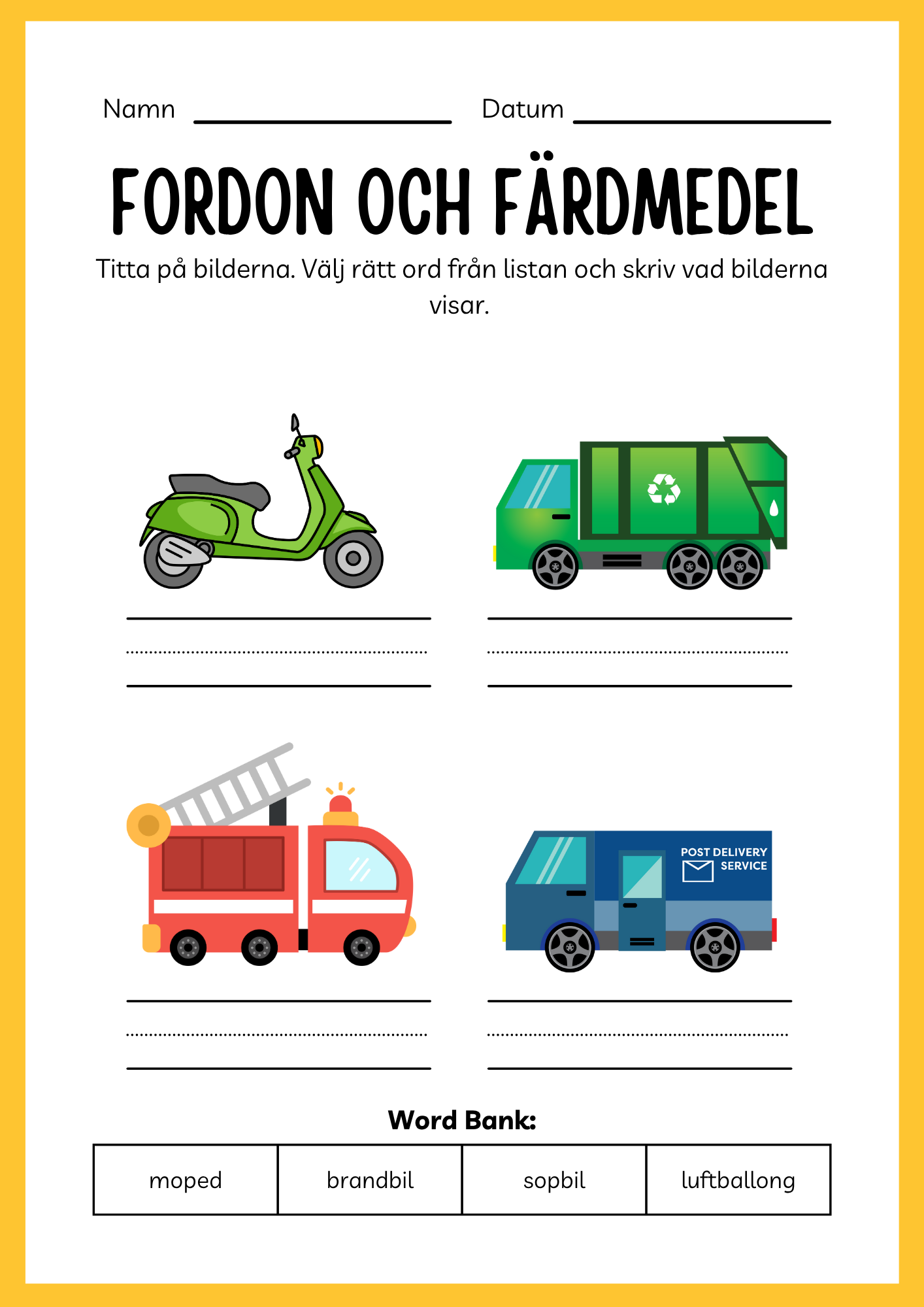 Fordon och färdmedel - Arbetsbok - Blandade uppgifter (24 sidor)
