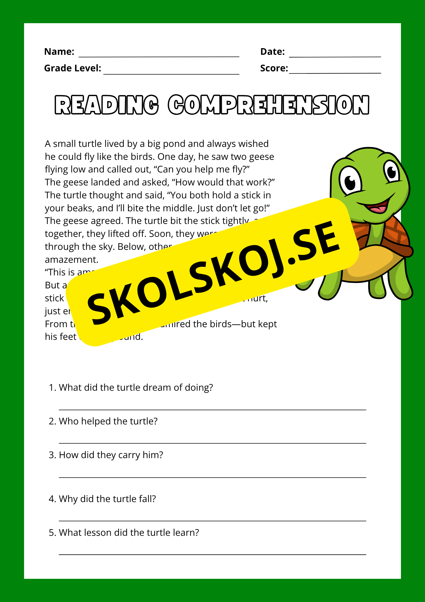 Reading Comprehension - Animal stories