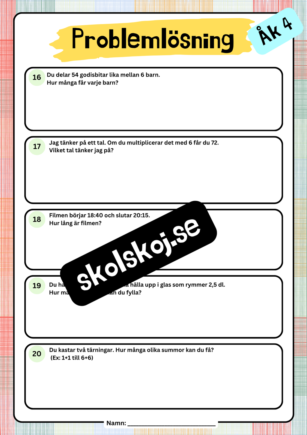 Årskurs 4 - Problemlösningsuppgifter - Blandade uppgifter