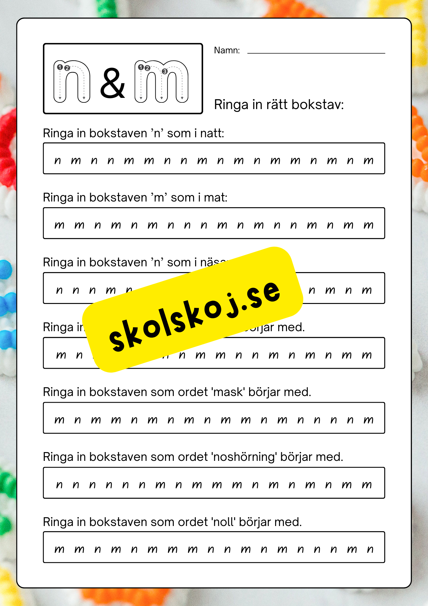 Vi tränar bokstäverna: bdpqftnmij