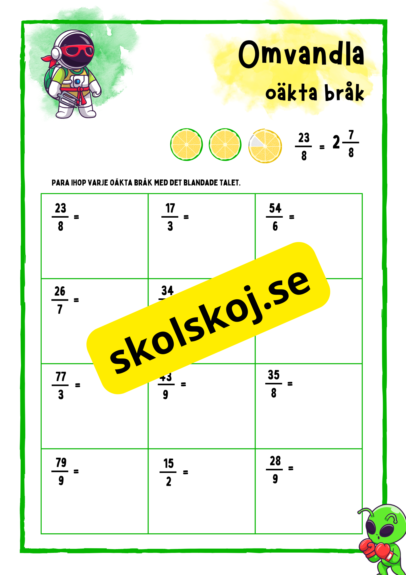 Omvandla oäkta bråk - Årskurs 4 -6