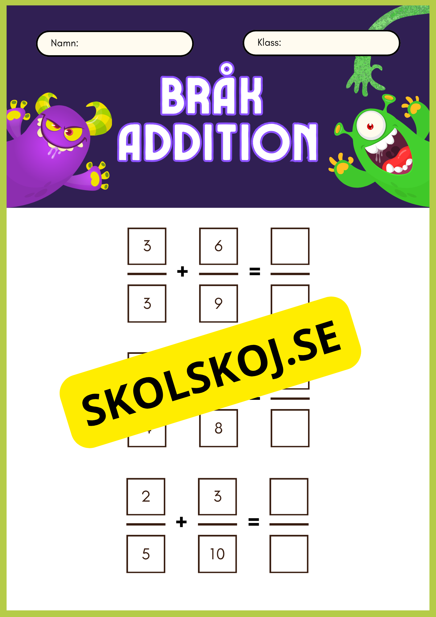 Bråk addition och subtraktion - Hitta den gemensamma nämnaren - Åk 4 - 5