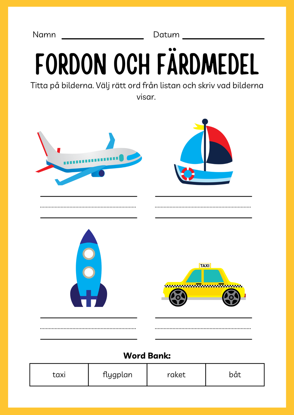 Fordon och färdmedel - Arbetsbok - Blandade uppgifter (24 sidor)