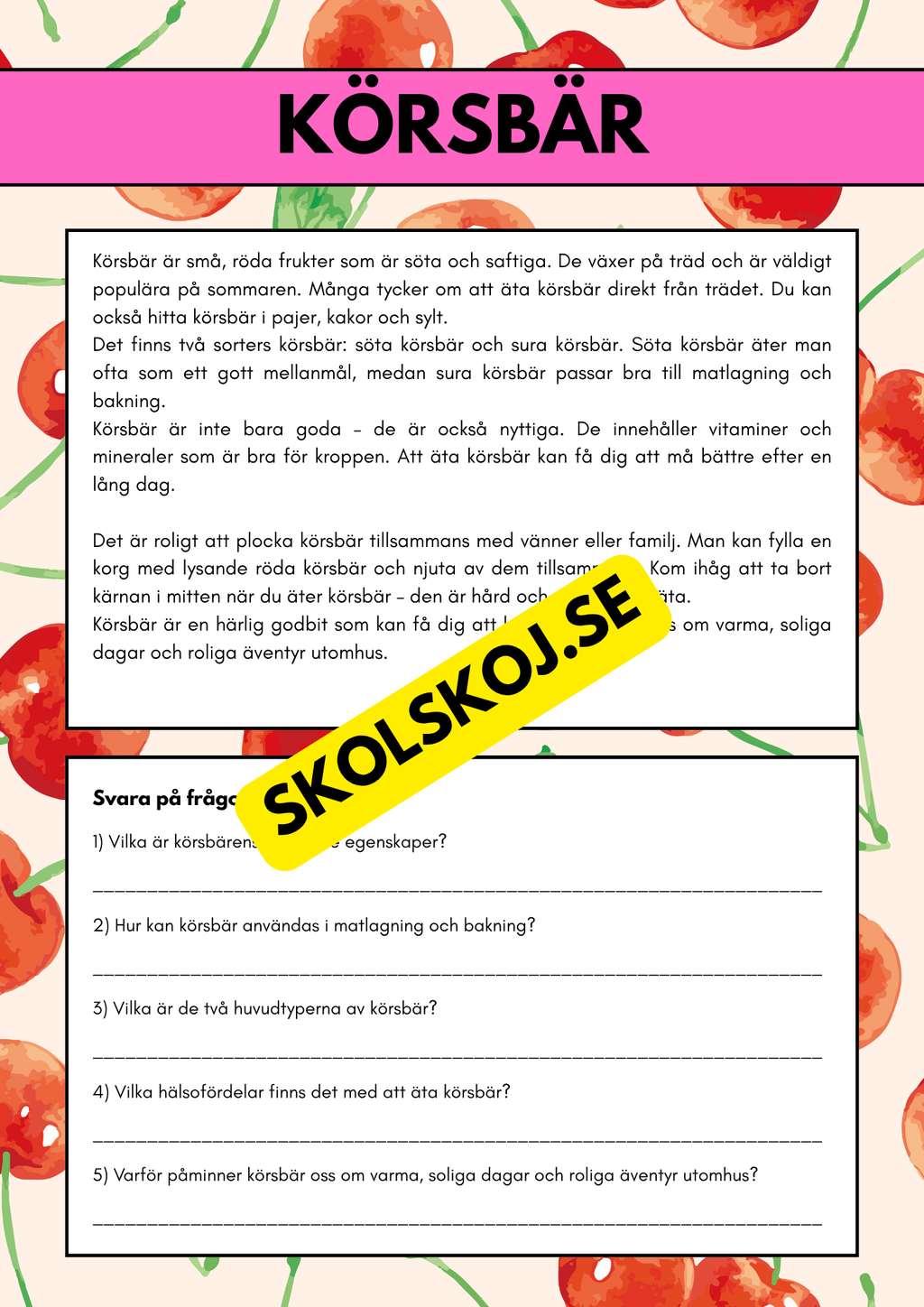 Läsuppgift med olika texter och teman - Årskurs 3 - 4