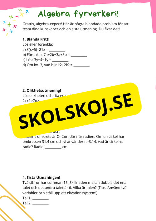 Algebra - Årskurs 7 - 9