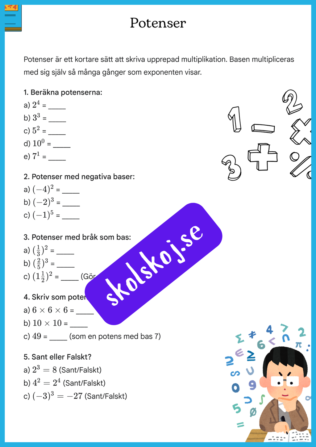 Räkna smidigt - Övningar i bråk och potenser - Årskurs 7 - 9