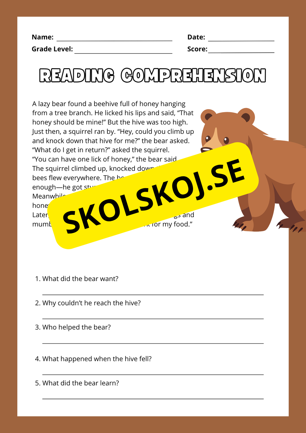 Reading Comprehension - Animal stories