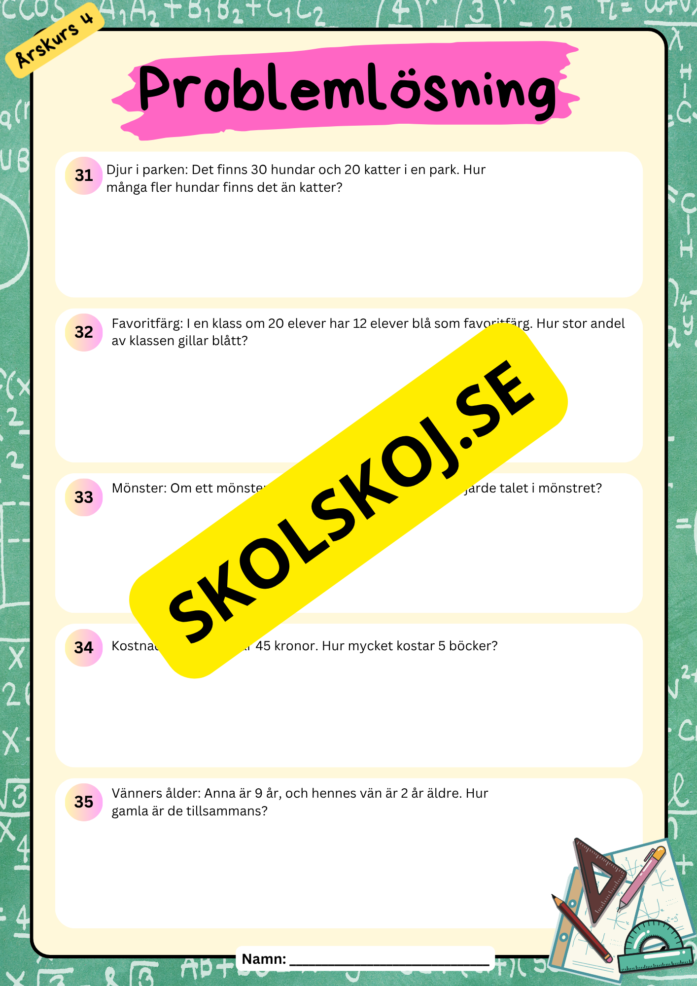 Problemlösninguppgifter blandade uppgifter årskurs 4