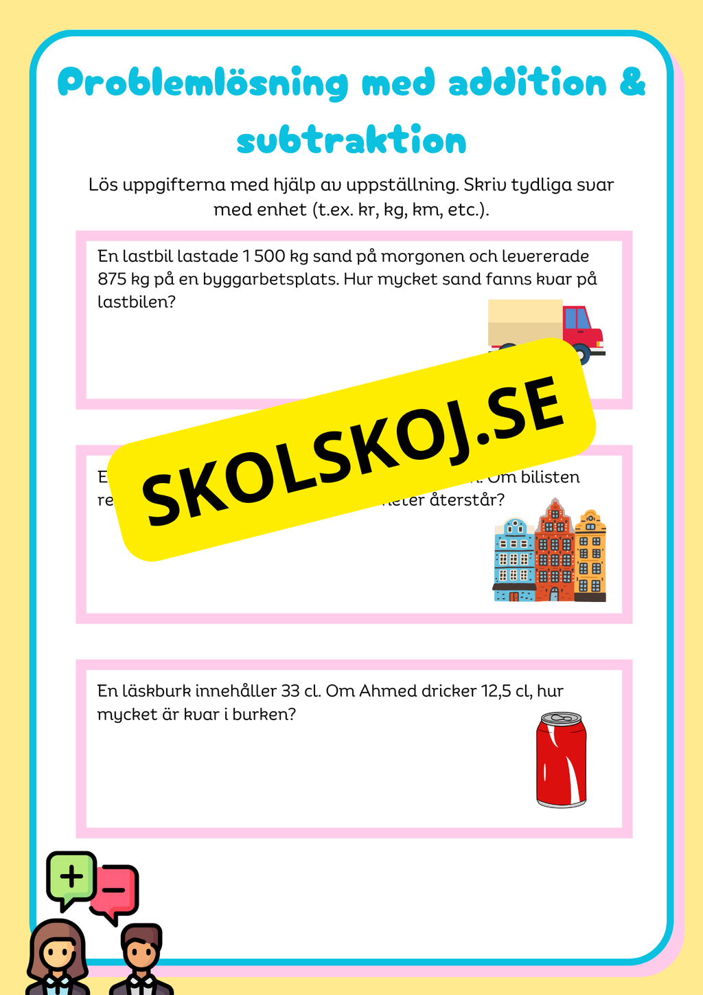 Addition & subtraktion med uppställning + Problemlösning åk 4 - 5