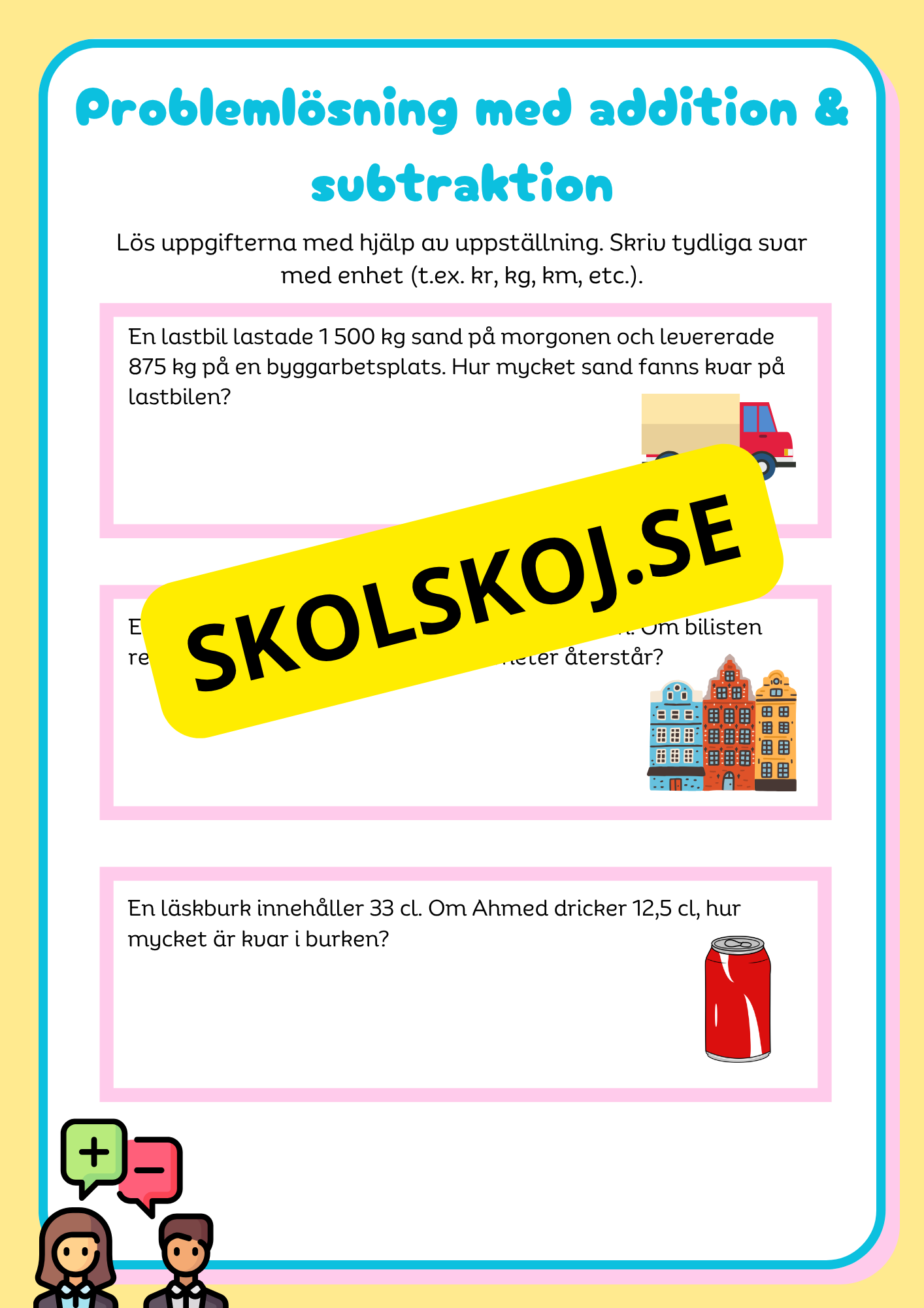 Addition & subtraktion med uppställning + Problemlösning åk 4 - 5