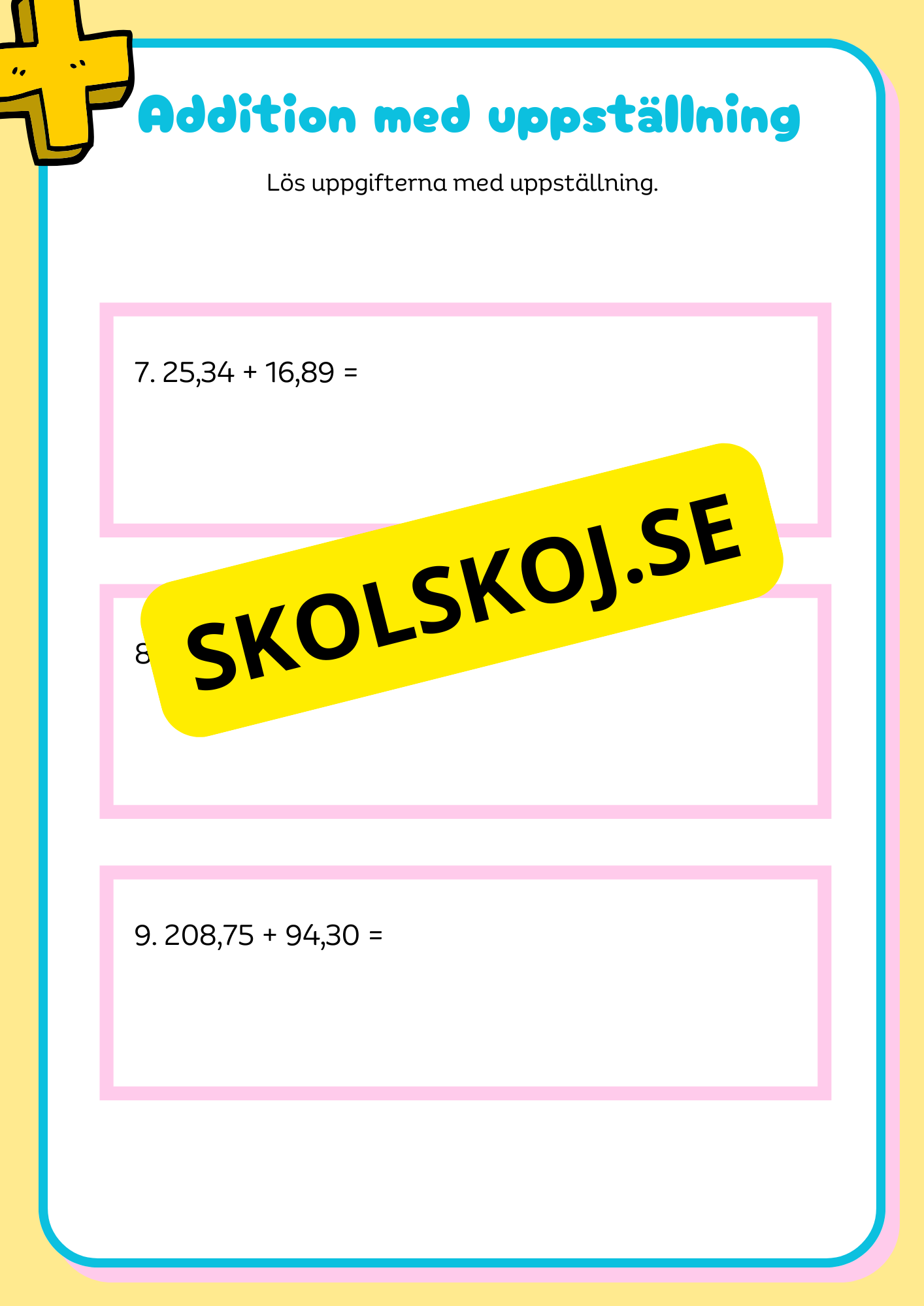 Addition & subtraktion med uppställning + Problemlösning åk 4 - 5