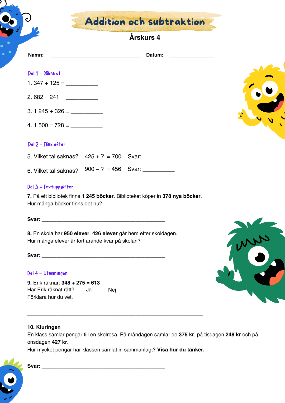 Addition och subtraktion - Läxa - Årskurs 4