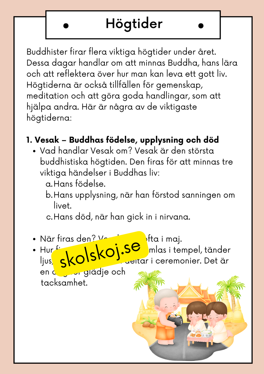 Buddhism - Läsförståelse och frågor - Åk 4 - 6