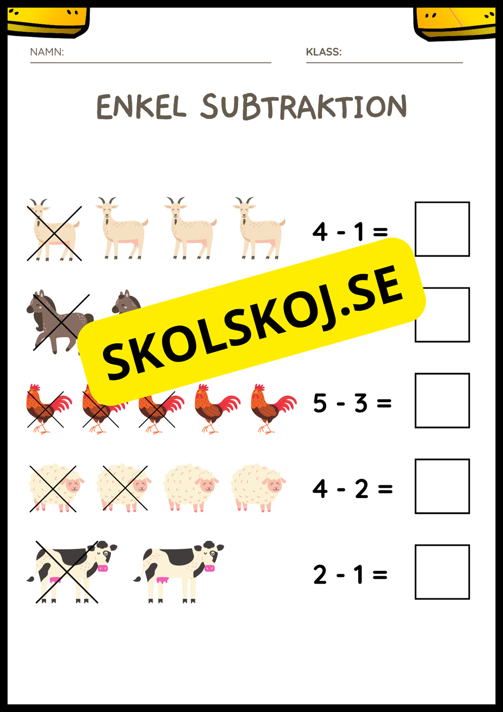 Enkel subtraktion - Fsk - åk 2