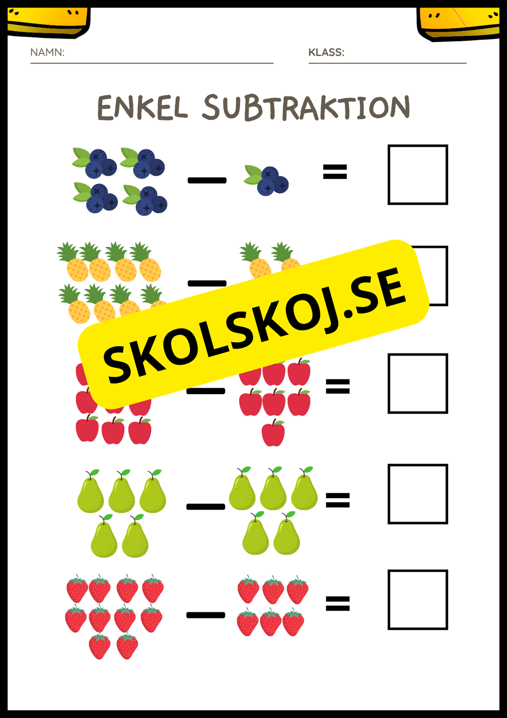 Enkel subtraktion - Fsk - åk 2