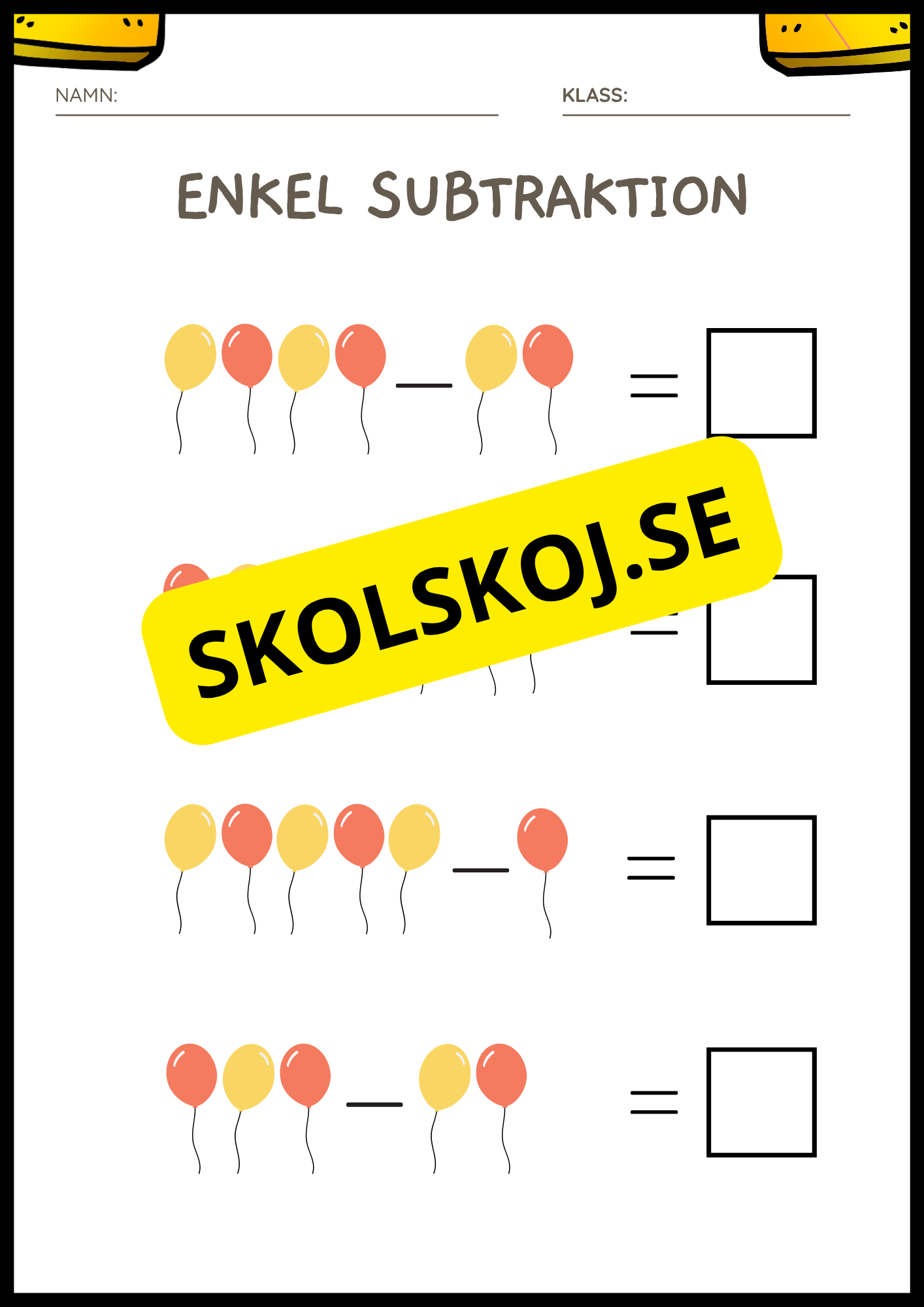 Enkel subtraktion - Fsk - åk 2