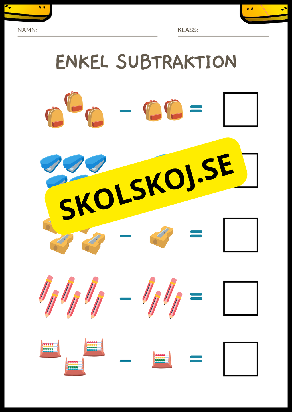 Enkel subtraktion - Fsk - åk 2