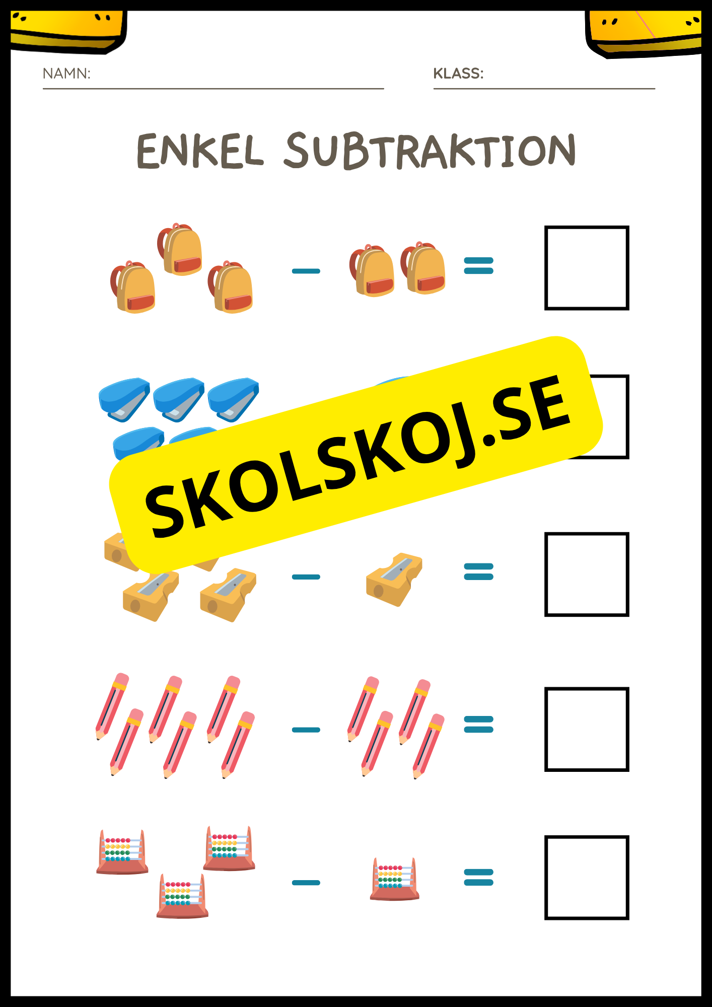 Enkel subtraktion - Fsk - åk 2