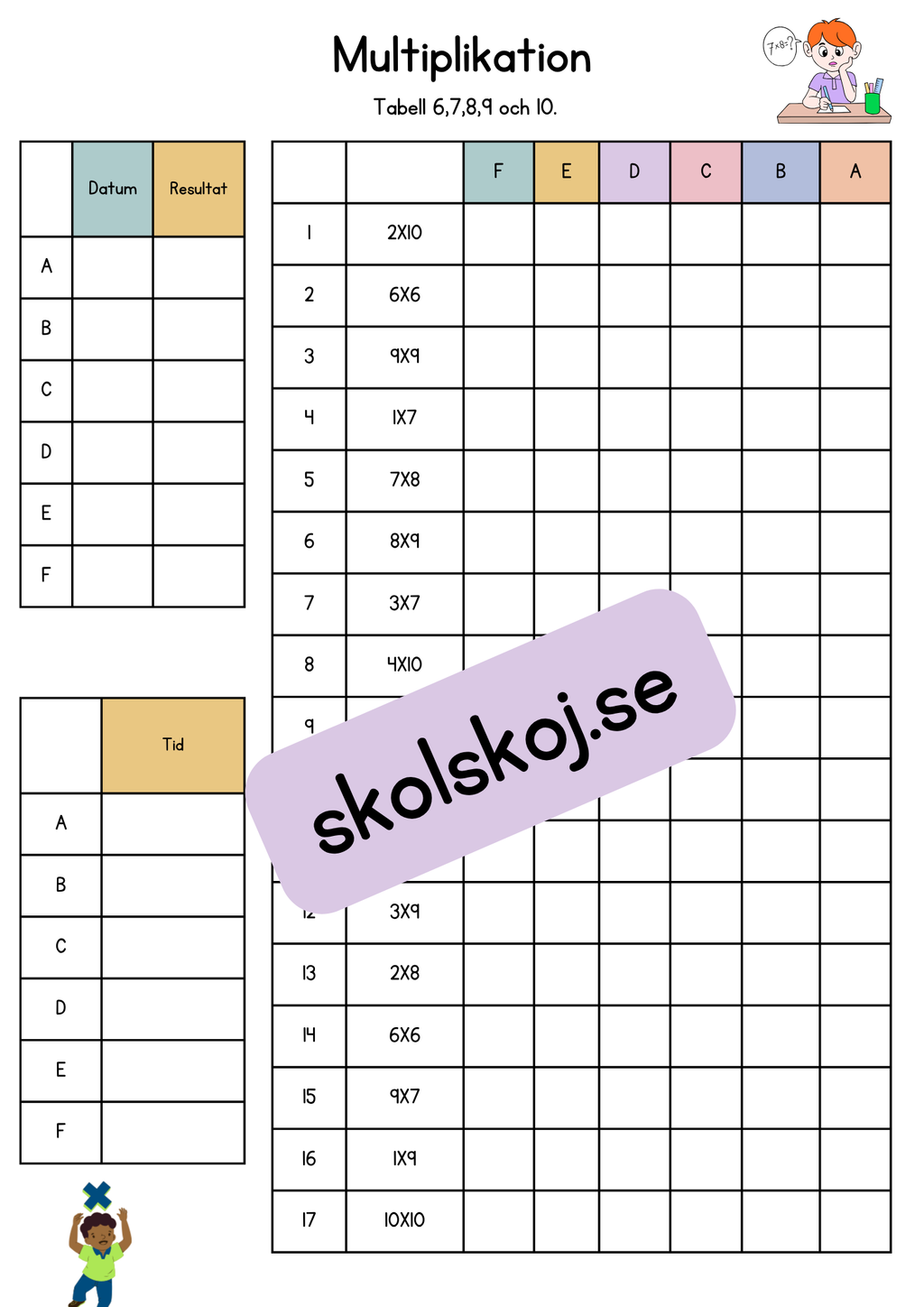 Färdighetsträning multiplikation tabell 1-10 + blandade uppgifter