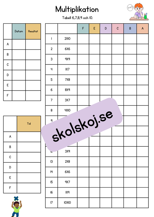 Färdighetsträning multiplikation tabell 1-10 + blandade uppgifter