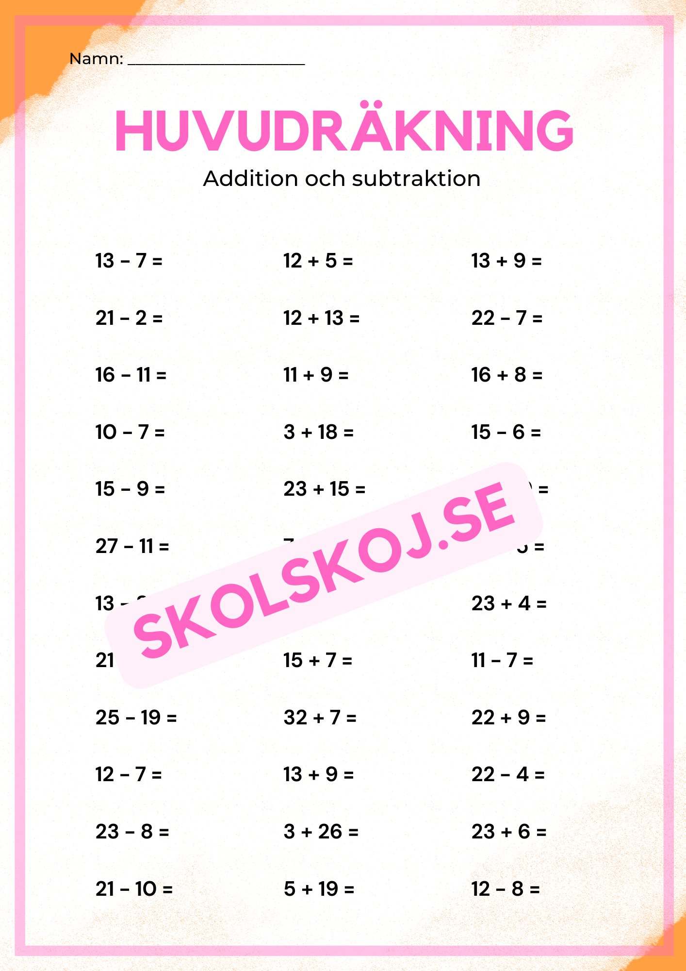 Huvudräkning addition, subtraktion, multiplikation och division