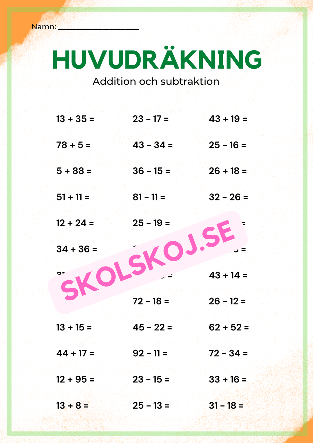 Huvudräkning addition, subtraktion, multiplikation och division