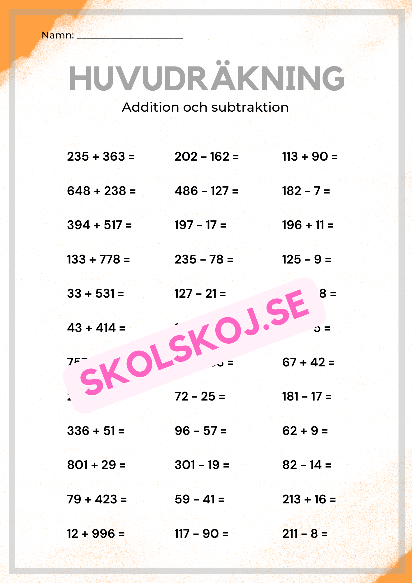 Huvudräkning addition, subtraktion, multiplikation och division