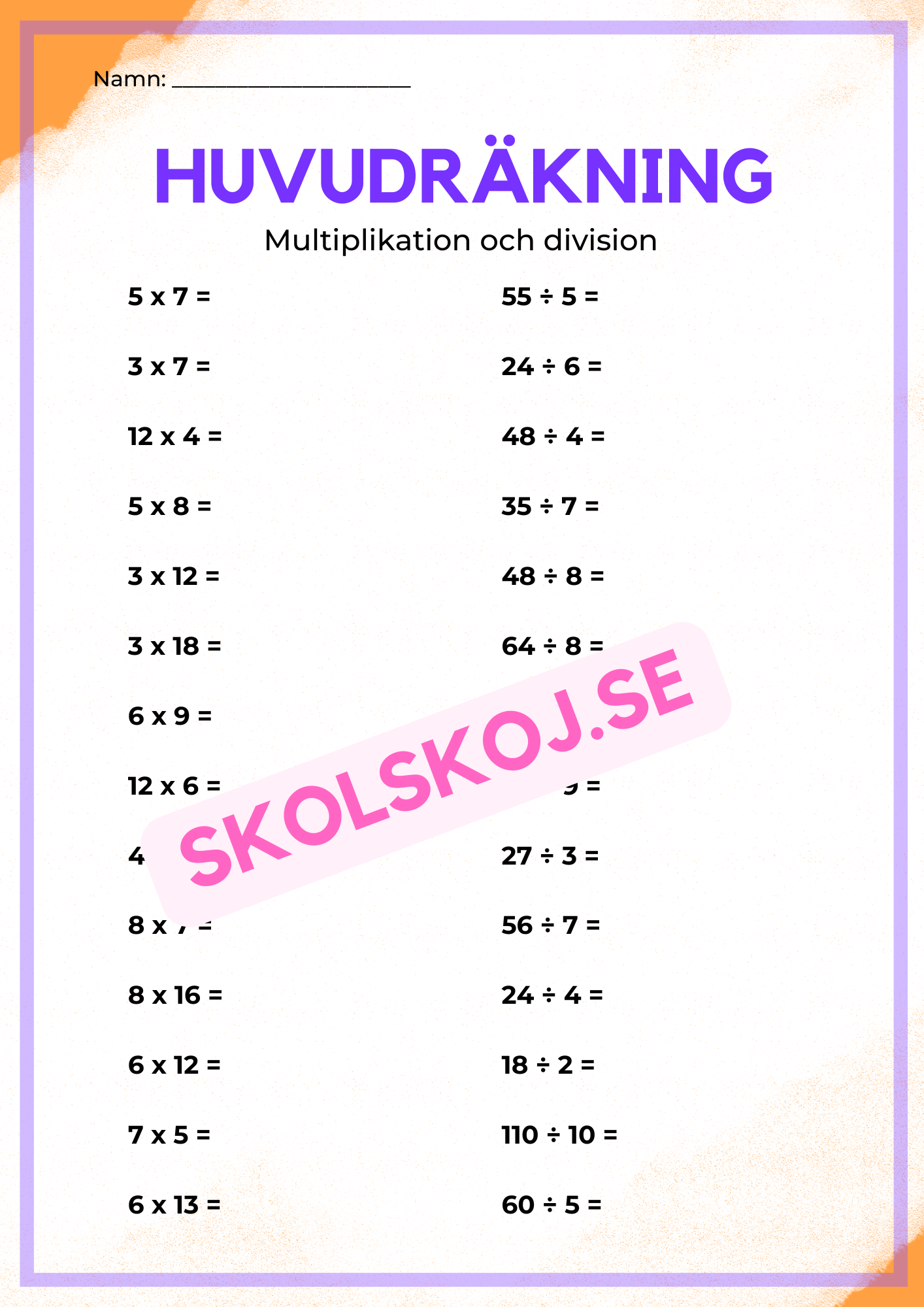 Huvudräkning addition, subtraktion, multiplikation och division
