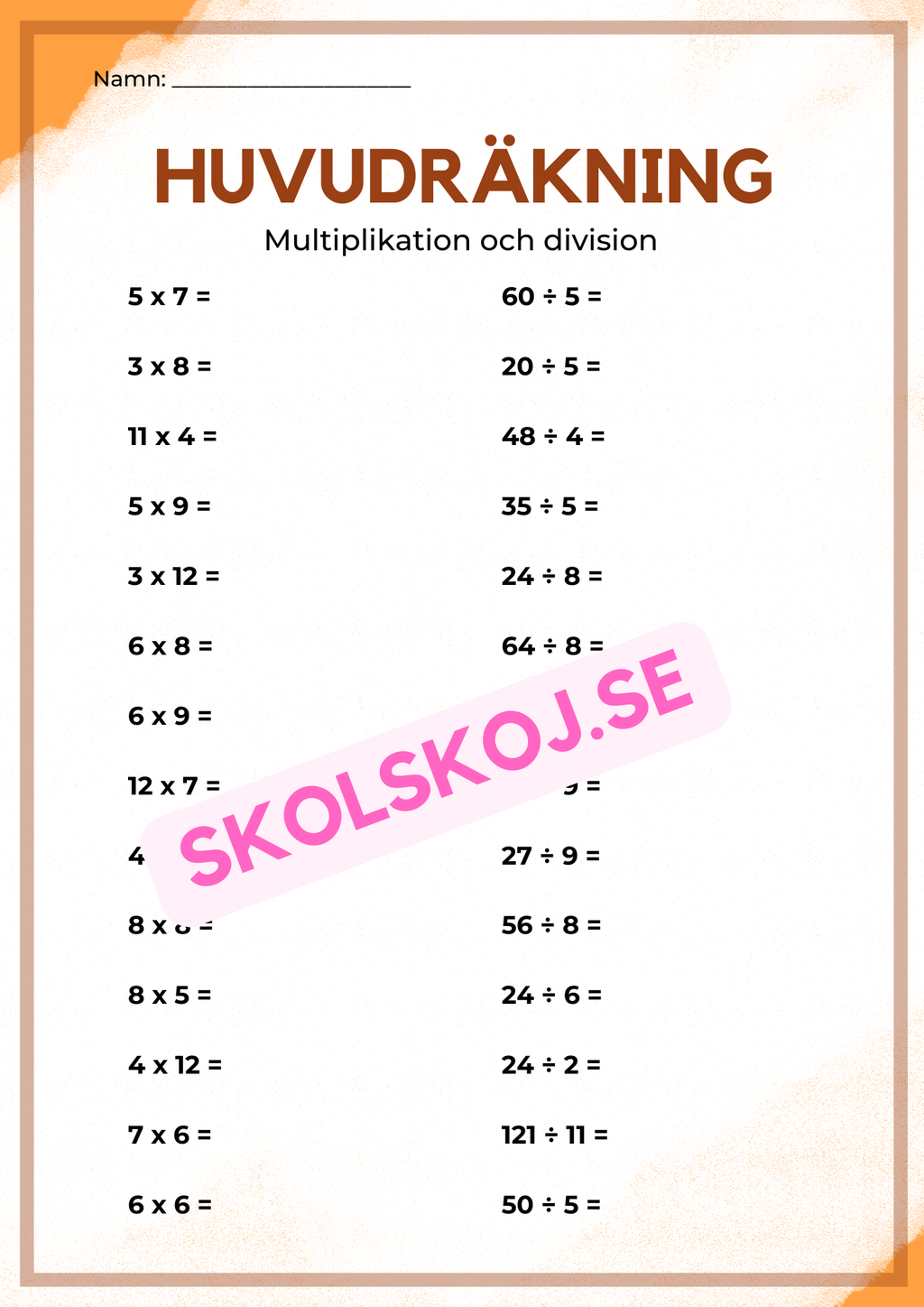Huvudräkning addition, subtraktion, multiplikation och division