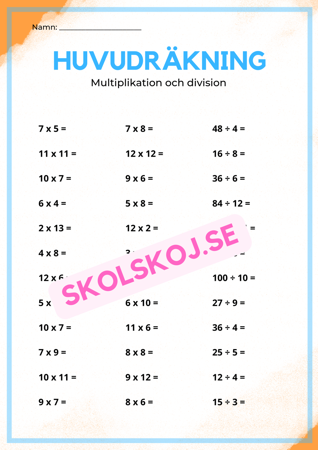 Huvudräkning addition, subtraktion, multiplikation och division