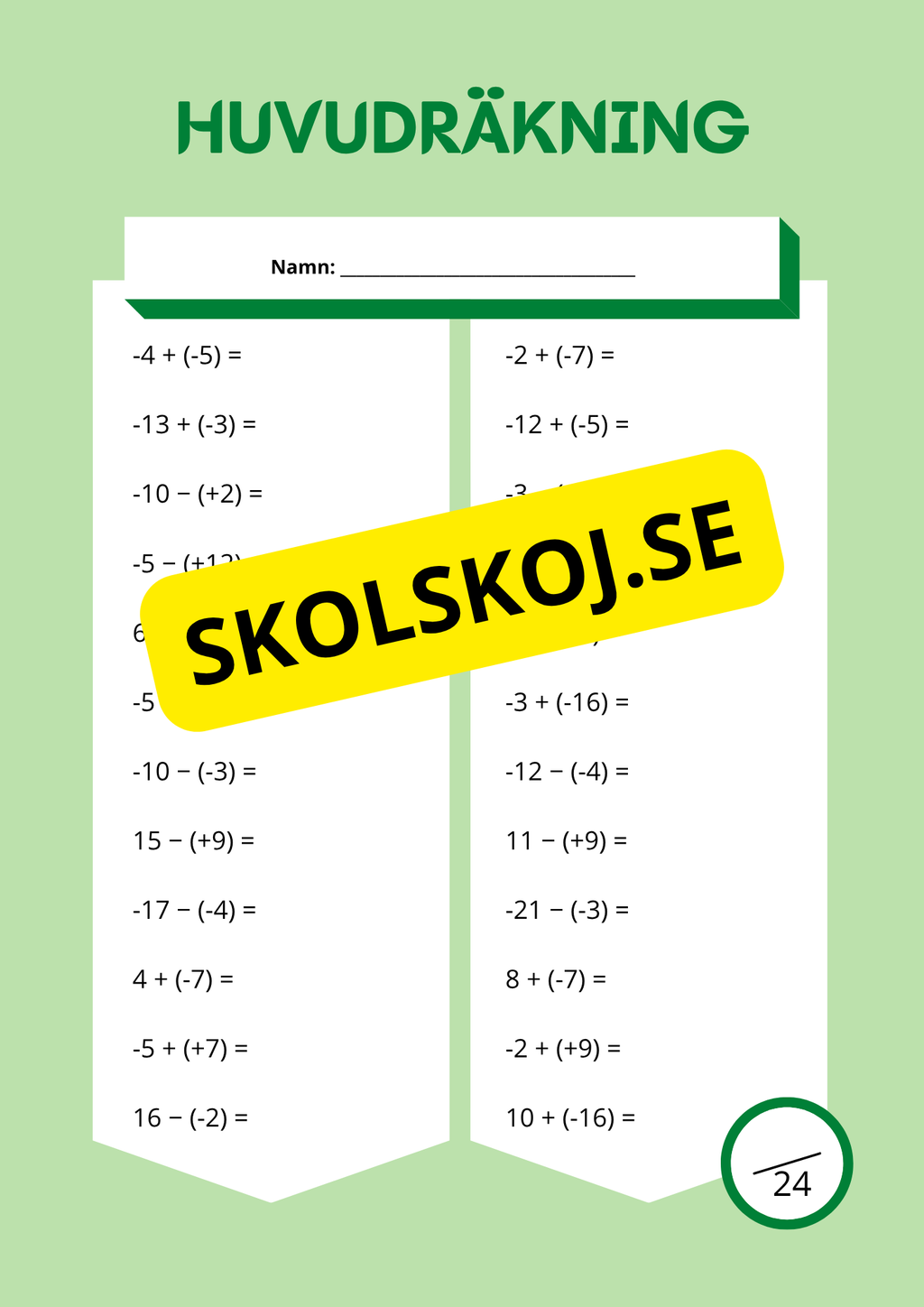 Huvudräkning årskurs - Fem olika nivåer