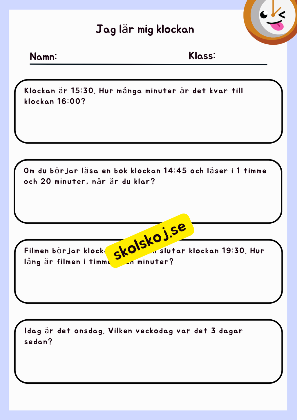 Jag lär mig klockan + problemlösning